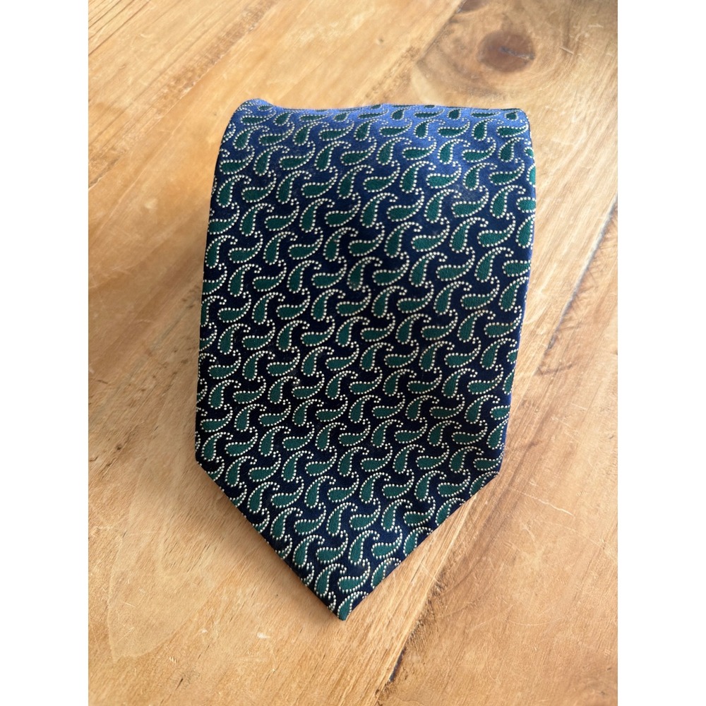 Hickey Freeman Tie Mens Blue Green Excellent Silk Paisley Hand Tailored USA